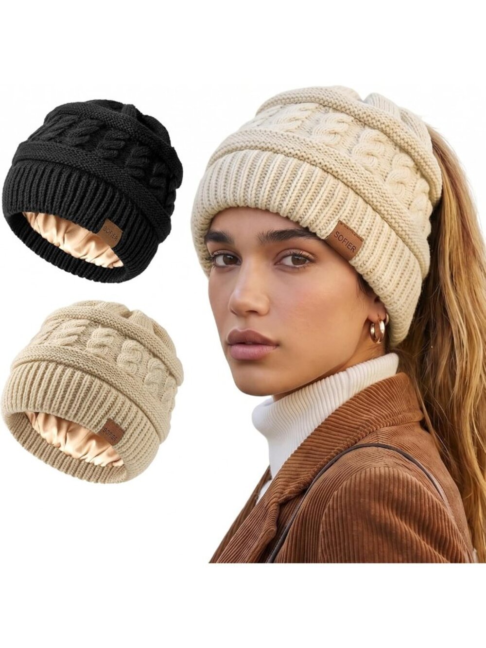 Cozy 2-Pack Women's Ponytail Beanie Hats with Satin Liner - Winter Accessories